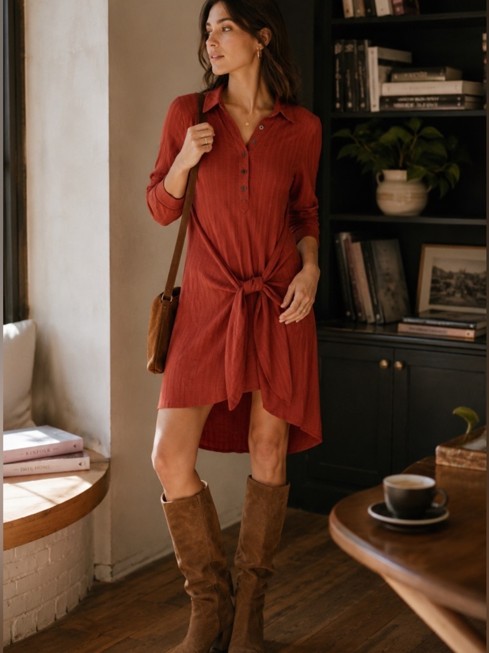 Anthropologie MAEVE Bloomsbury Rust Tie Front Long Sleeve Henley Dress Sz 4